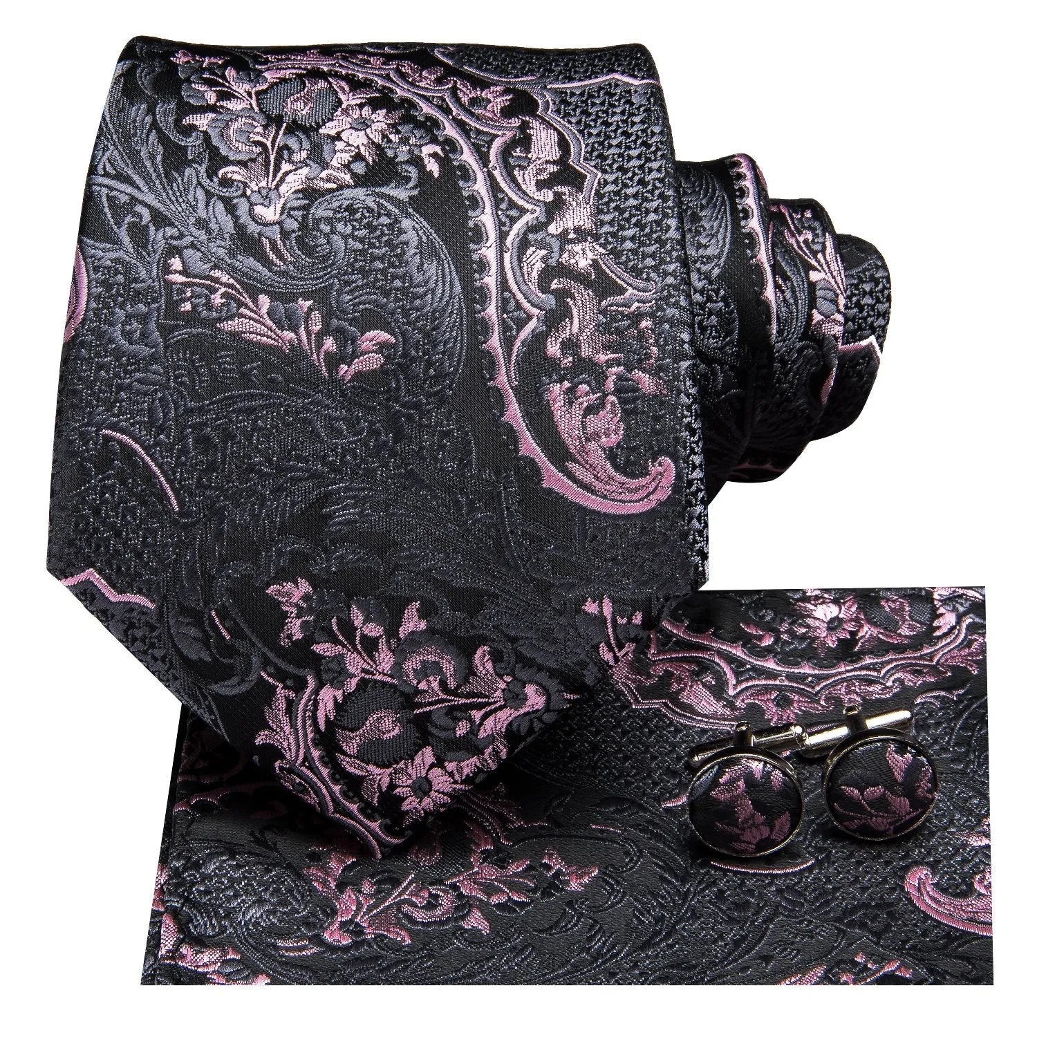 Hi-Tie Grey Mens Tie Pink Paisley Necktie Pocket Square Cufflinks Set