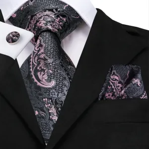 Hi-Tie Grey Mens Tie Pink Paisley Necktie Pocket Square Cufflinks Set