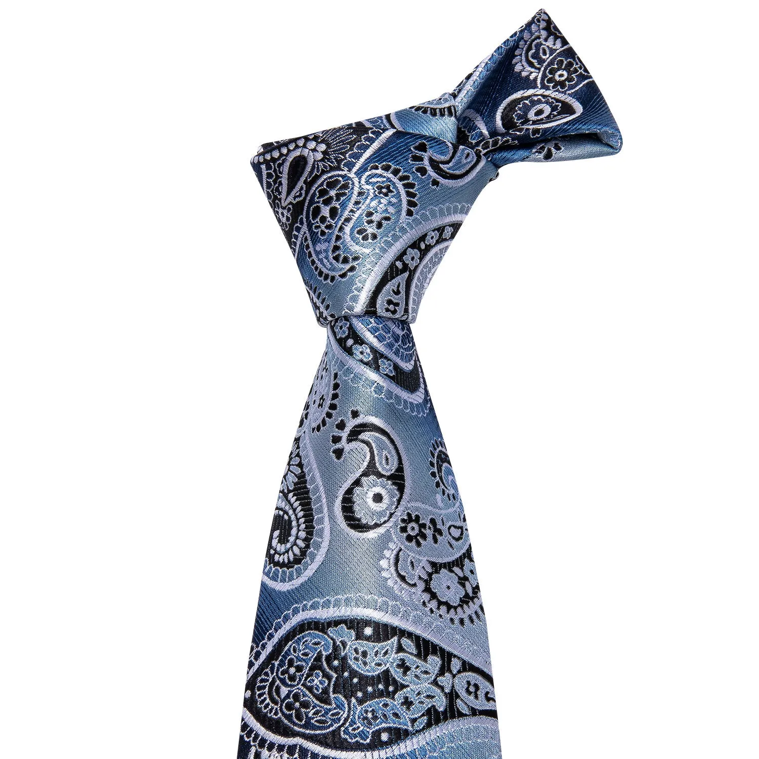 Hi-Tie Grey Sky Blue Necktie Paisley Tie Pocket Square Cufflinks Set