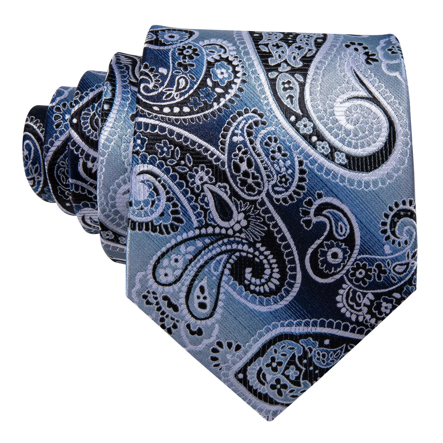 Hi-Tie Grey Sky Blue Necktie Paisley Tie Pocket Square Cufflinks Set