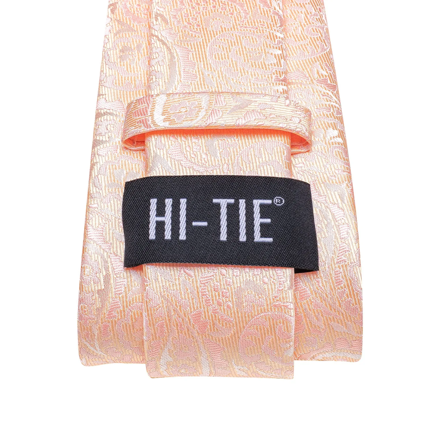 Hi-Tie Light Coral Pink Paisley Silk Men's Necktie Hanky Cufflinks Set