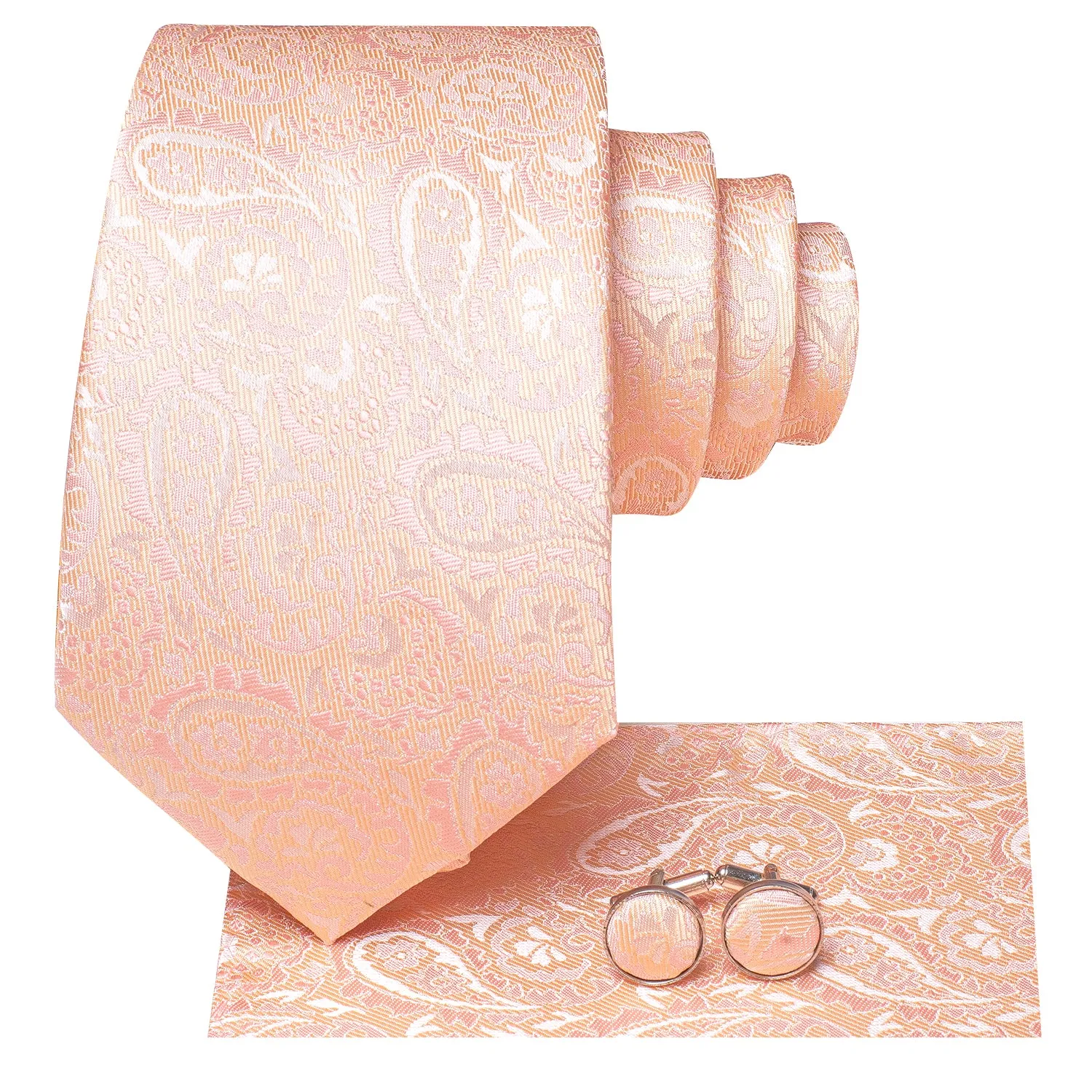 Hi-Tie Light Coral Pink Paisley Silk Men's Necktie Hanky Cufflinks Set