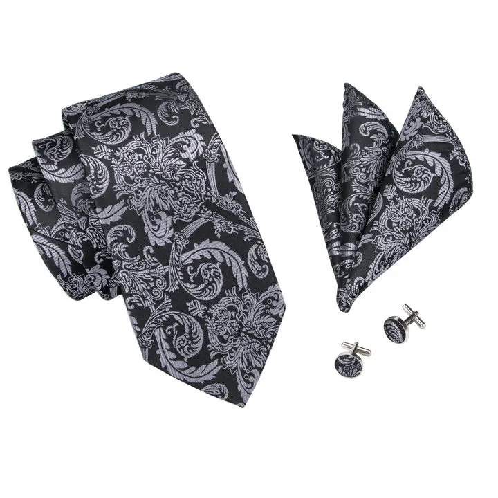 Hi-Tie Men Beautiful Black Grey Floral Tie Pocket Square Cufflinks Set