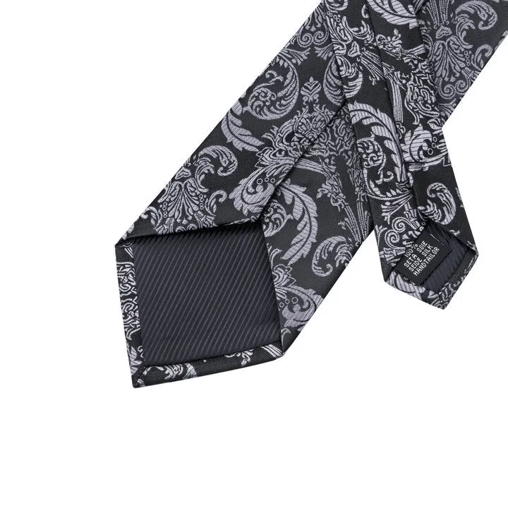 Hi-Tie Men Beautiful Black Grey Floral Tie Pocket Square Cufflinks Set