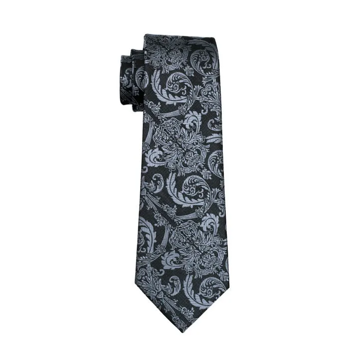 Hi-Tie Men Beautiful Black Grey Floral Tie Pocket Square Cufflinks Set