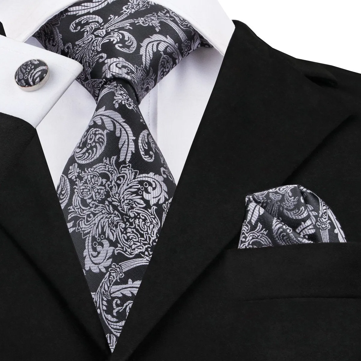 Hi-Tie Men Beautiful Black Grey Floral Tie Pocket Square Cufflinks Set