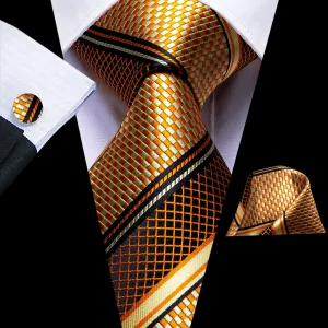 Hi-Tie Men's Gold Plaid Striped Silk Tie Handkerchief Cufflinks Set