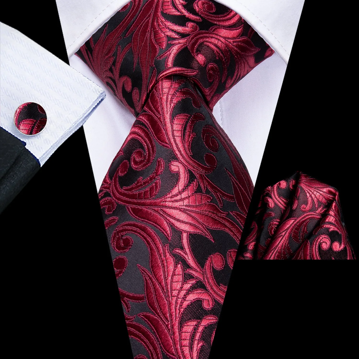 Hi-Tie Men's Red Necktie Black Floral Tie Pocket Square Cufflinks Set