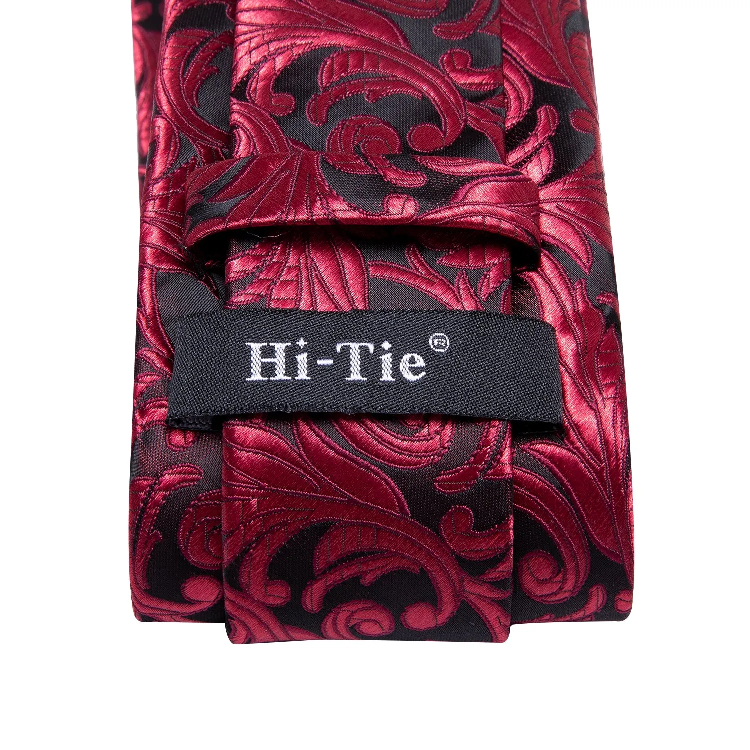 Hi-Tie Men's Red Necktie Black Floral Tie Pocket Square Cufflinks Set