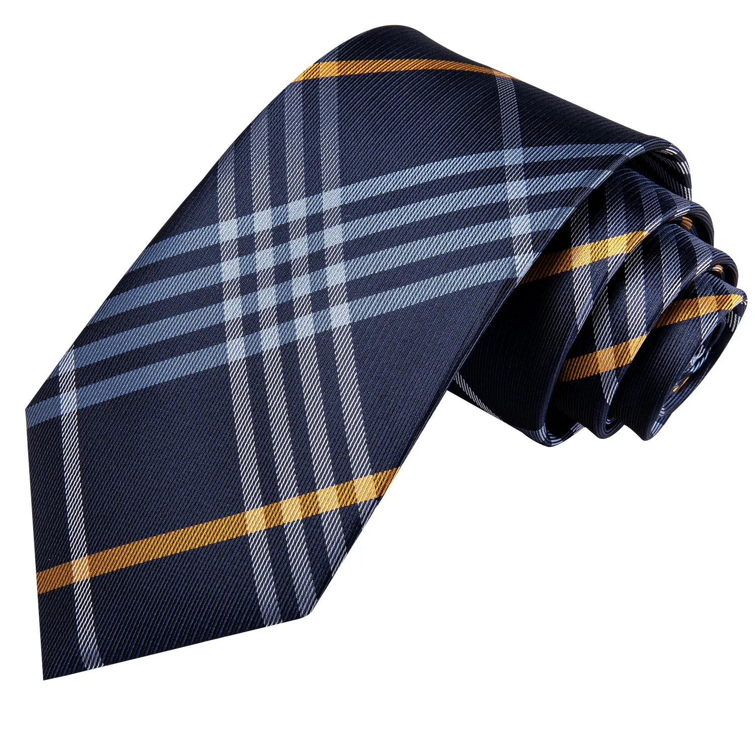 Hi-Tie Navy Blue Necktie Yellow Plaid Tie Pocket Square Cufflinks Set