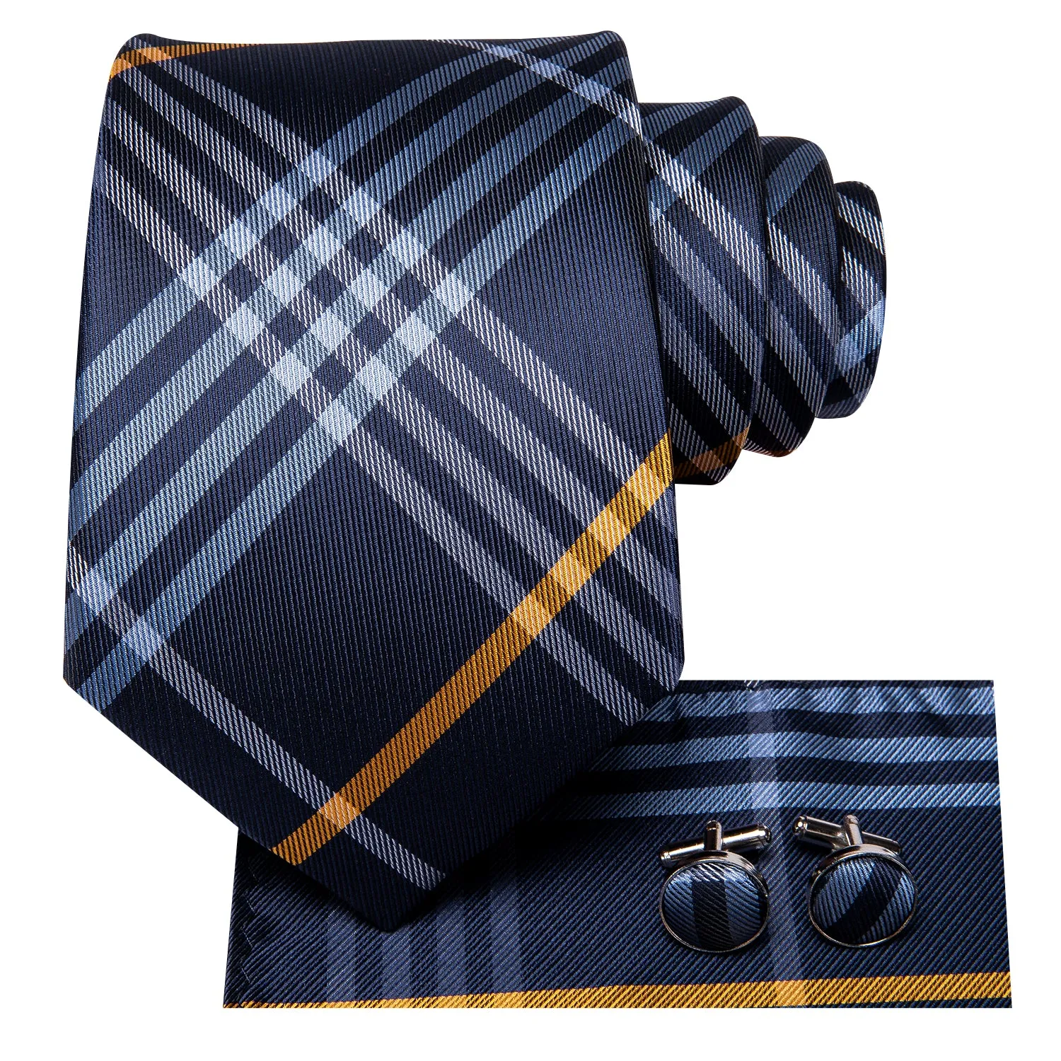 Hi-Tie Navy Blue Necktie Yellow Plaid Tie Pocket Square Cufflinks Set