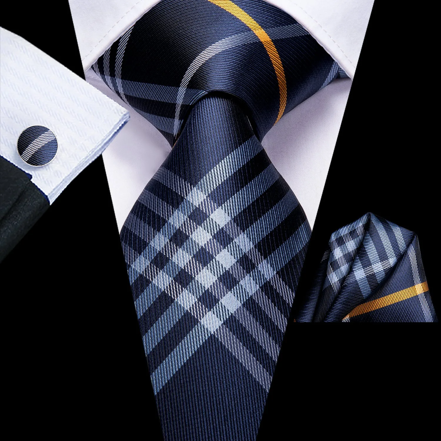 Hi-Tie Navy Blue Necktie Yellow Plaid Tie Pocket Square Cufflinks Set