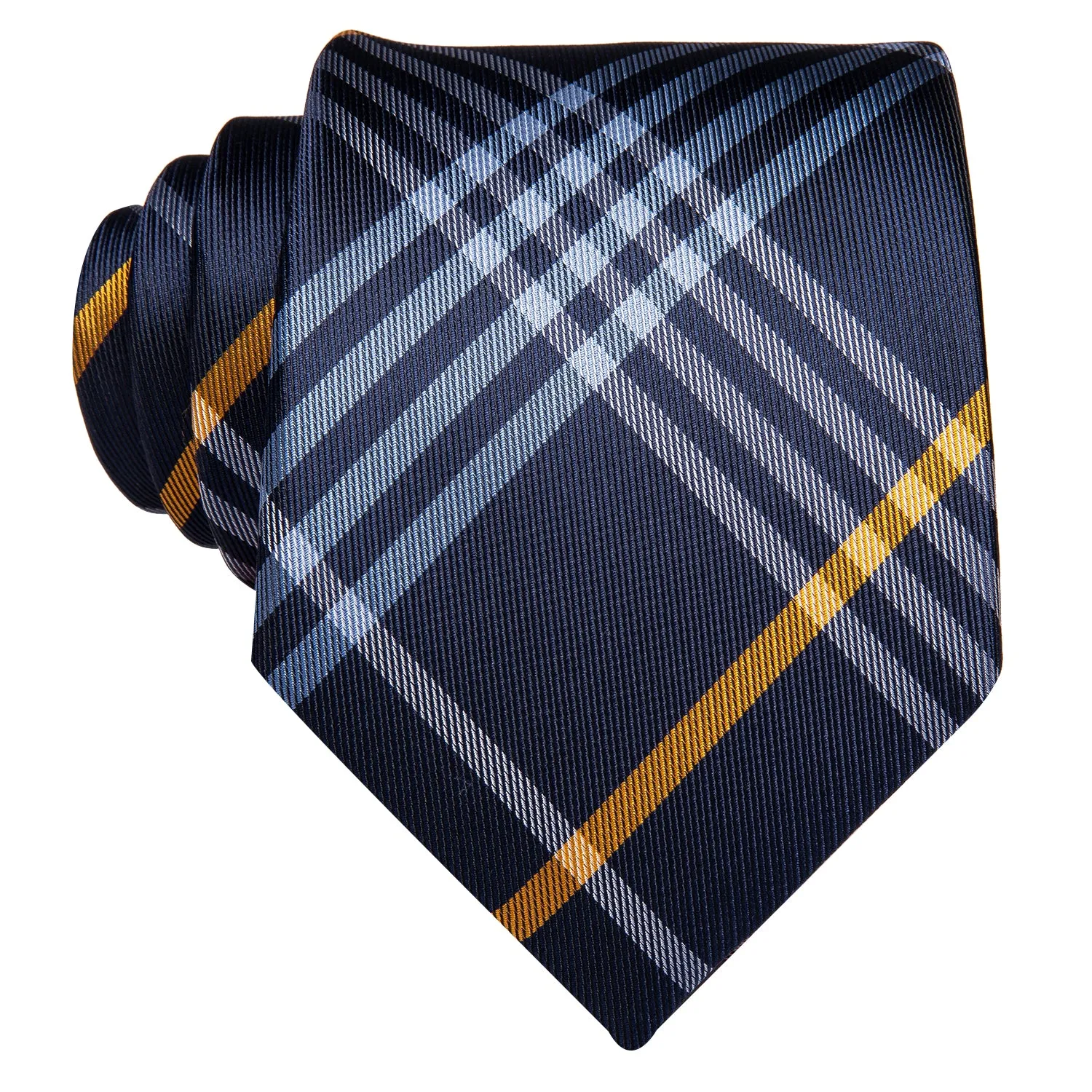 Hi-Tie Navy Blue Necktie Yellow Plaid Tie Pocket Square Cufflinks Set