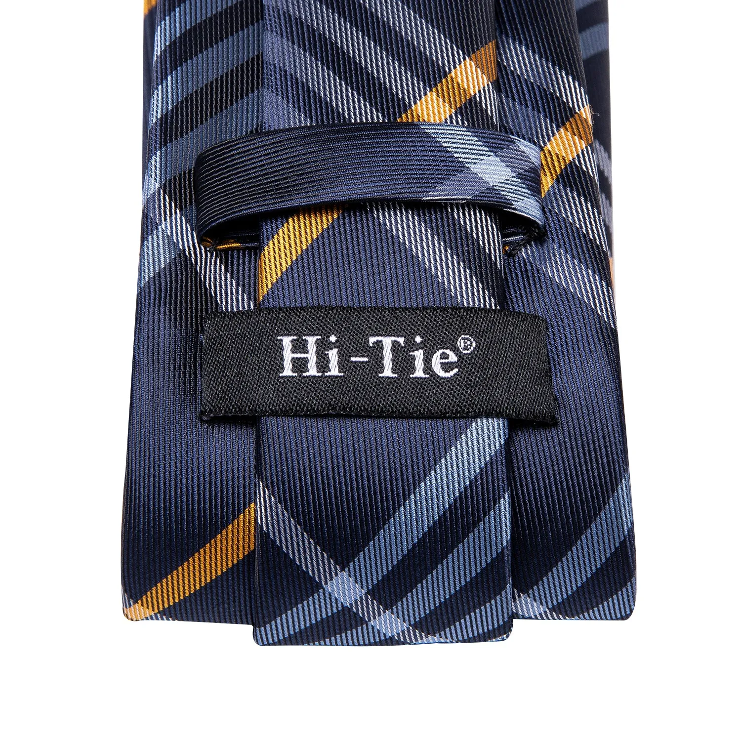 Hi-Tie Navy Blue Necktie Yellow Plaid Tie Pocket Square Cufflinks Set