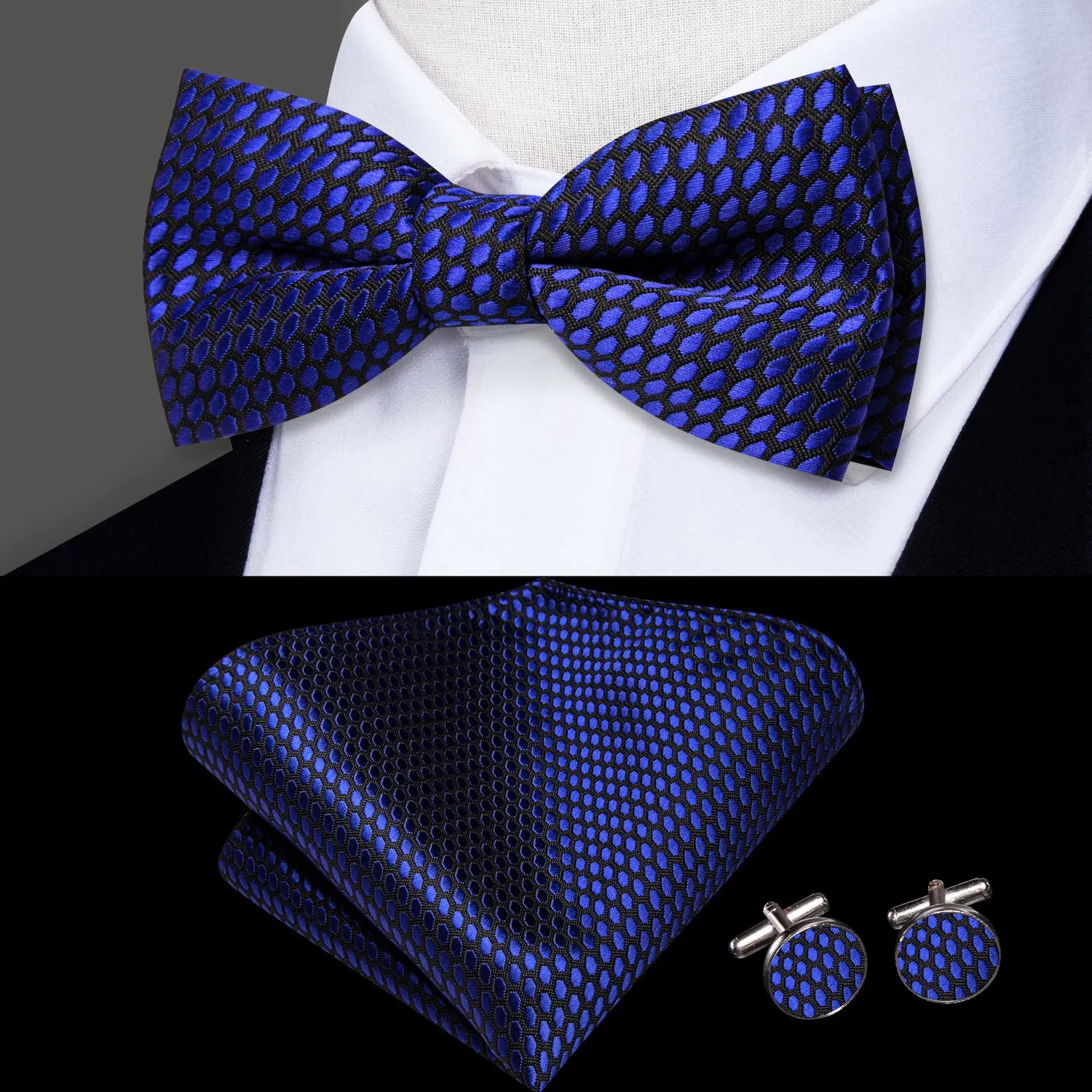 Hi-Tie Necktie Deep Blue Geometric Kids Bow Tie Hanky Cufflinks Set