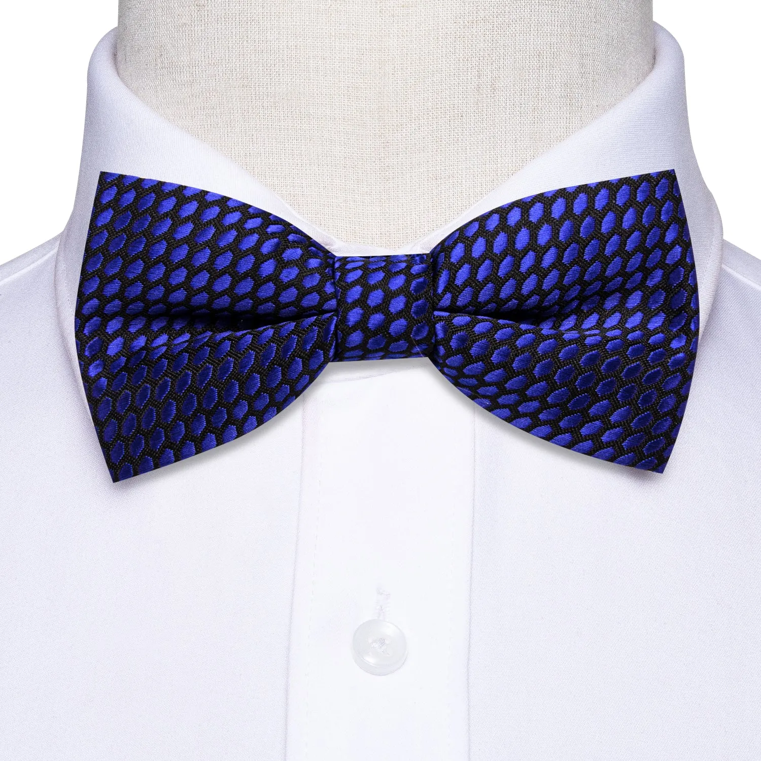 Hi-Tie Necktie Deep Blue Geometric Kids Bow Tie Hanky Cufflinks Set