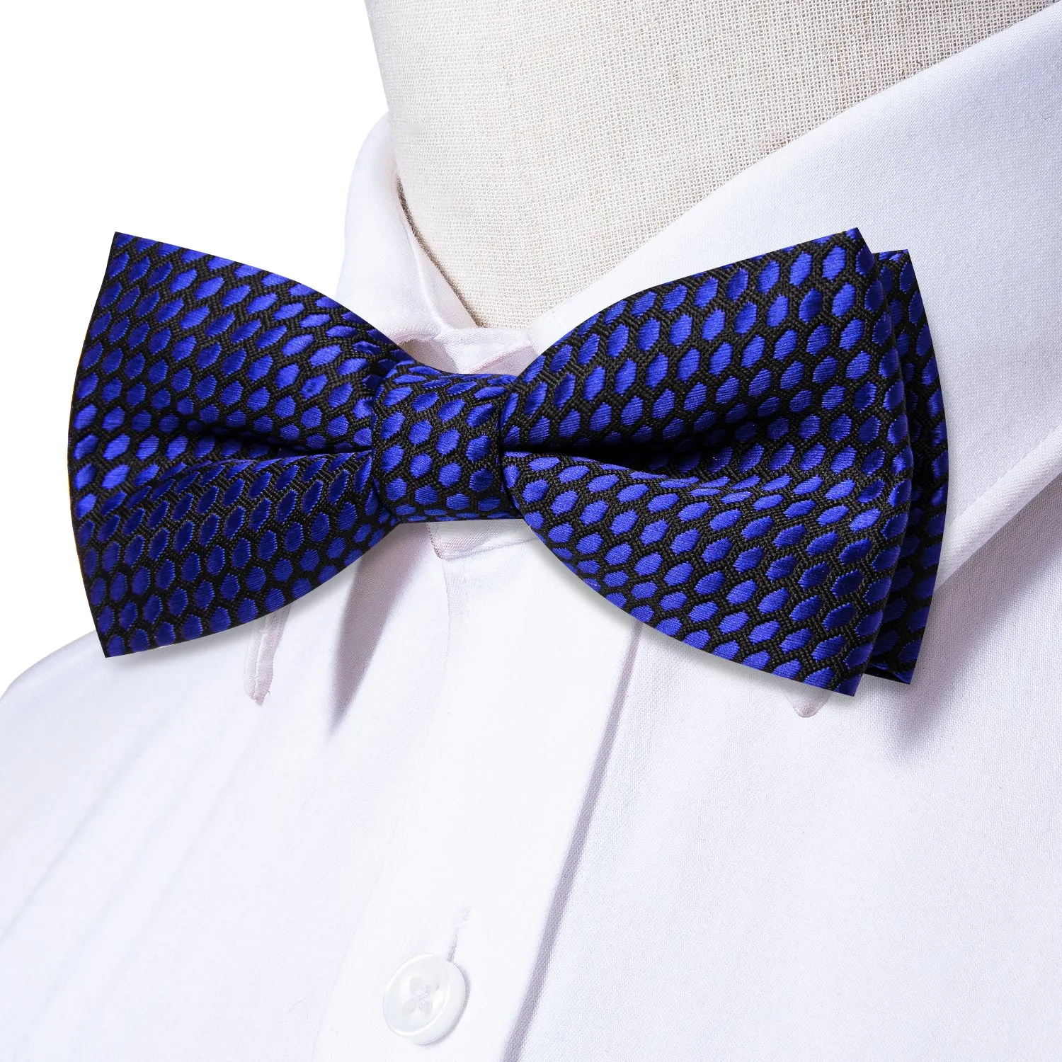 Hi-Tie Necktie Deep Blue Geometric Kids Bow Tie Hanky Cufflinks Set