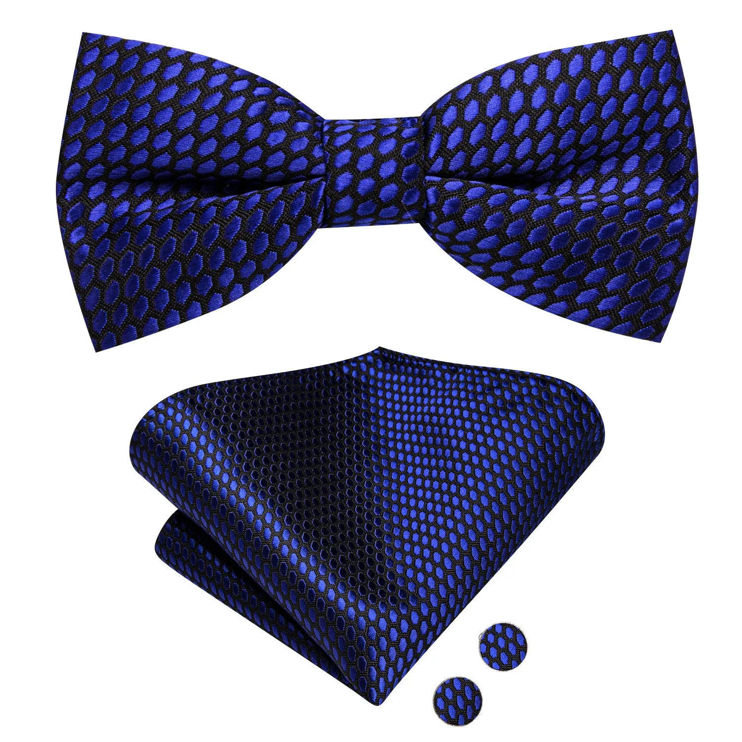 Hi-Tie Necktie Deep Blue Geometric Kids Bow Tie Hanky Cufflinks Set