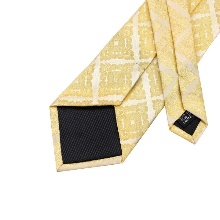 Hi-Tie Necktie Golden Floral Men's Tie Pocket Square Cufflinks Set