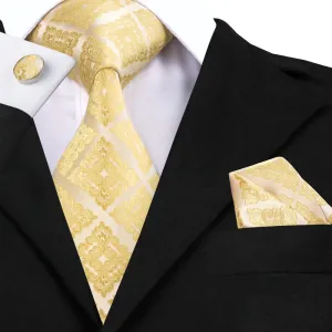 Hi-Tie Necktie Golden Floral Men's Tie Pocket Square Cufflinks Set