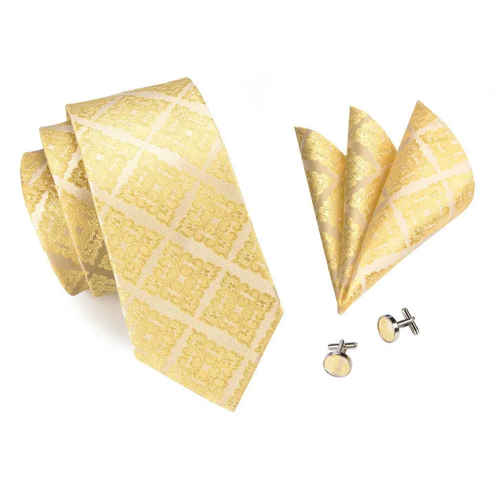 Hi-Tie Necktie Golden Floral Men's Tie Pocket Square Cufflinks Set