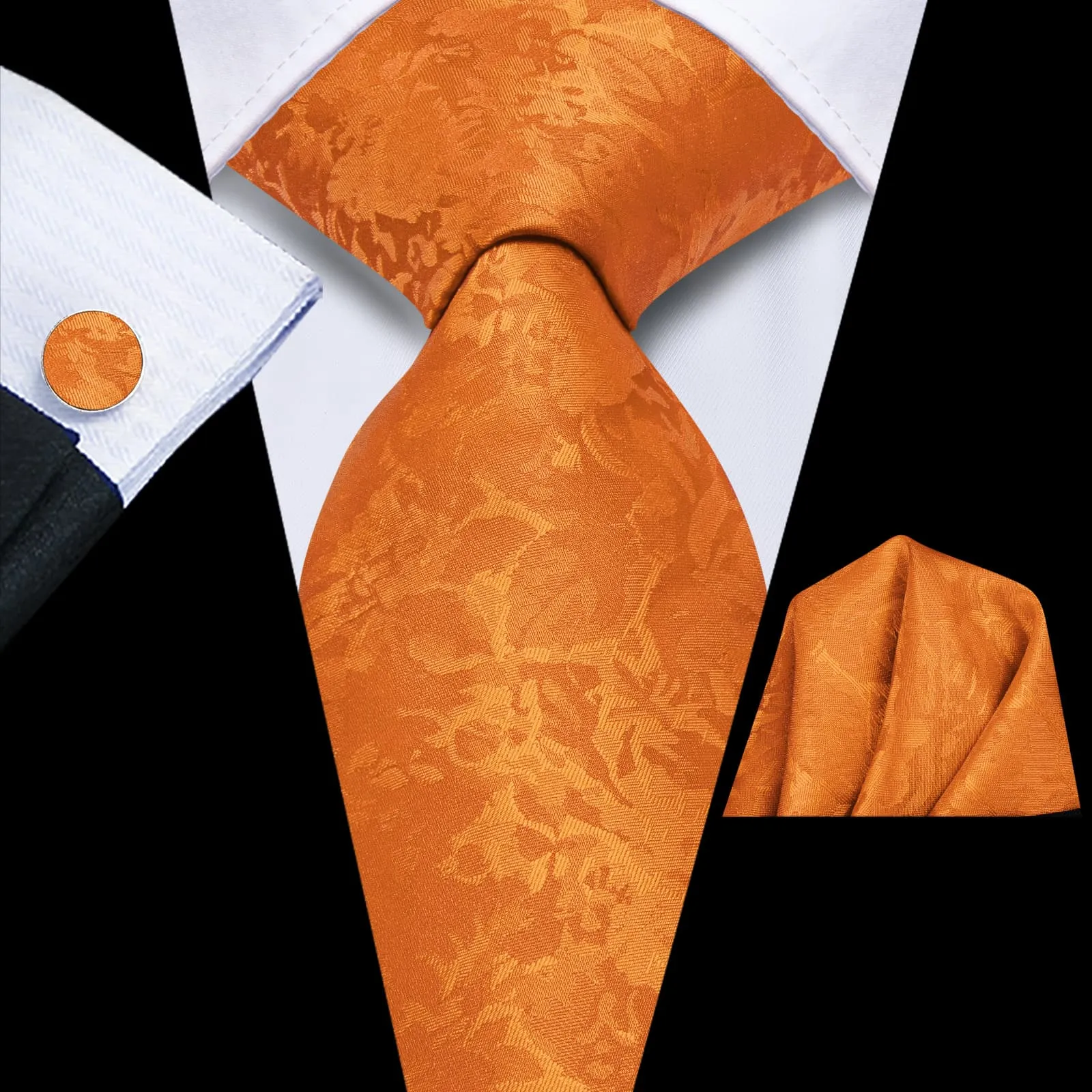 Hi-Tie Ochre Orange Floral Silk Mens Tie Pocket Square Cufflinks Set