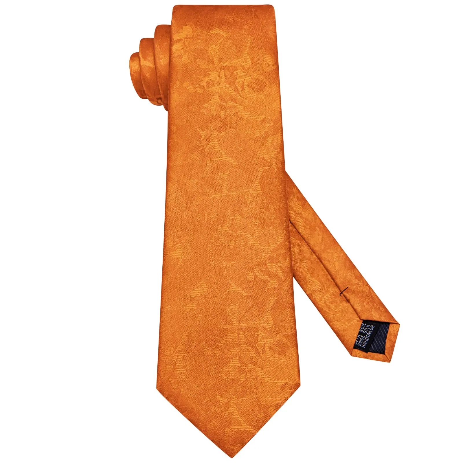 Hi-Tie Ochre Orange Floral Silk Mens Tie Pocket Square Cufflinks Set