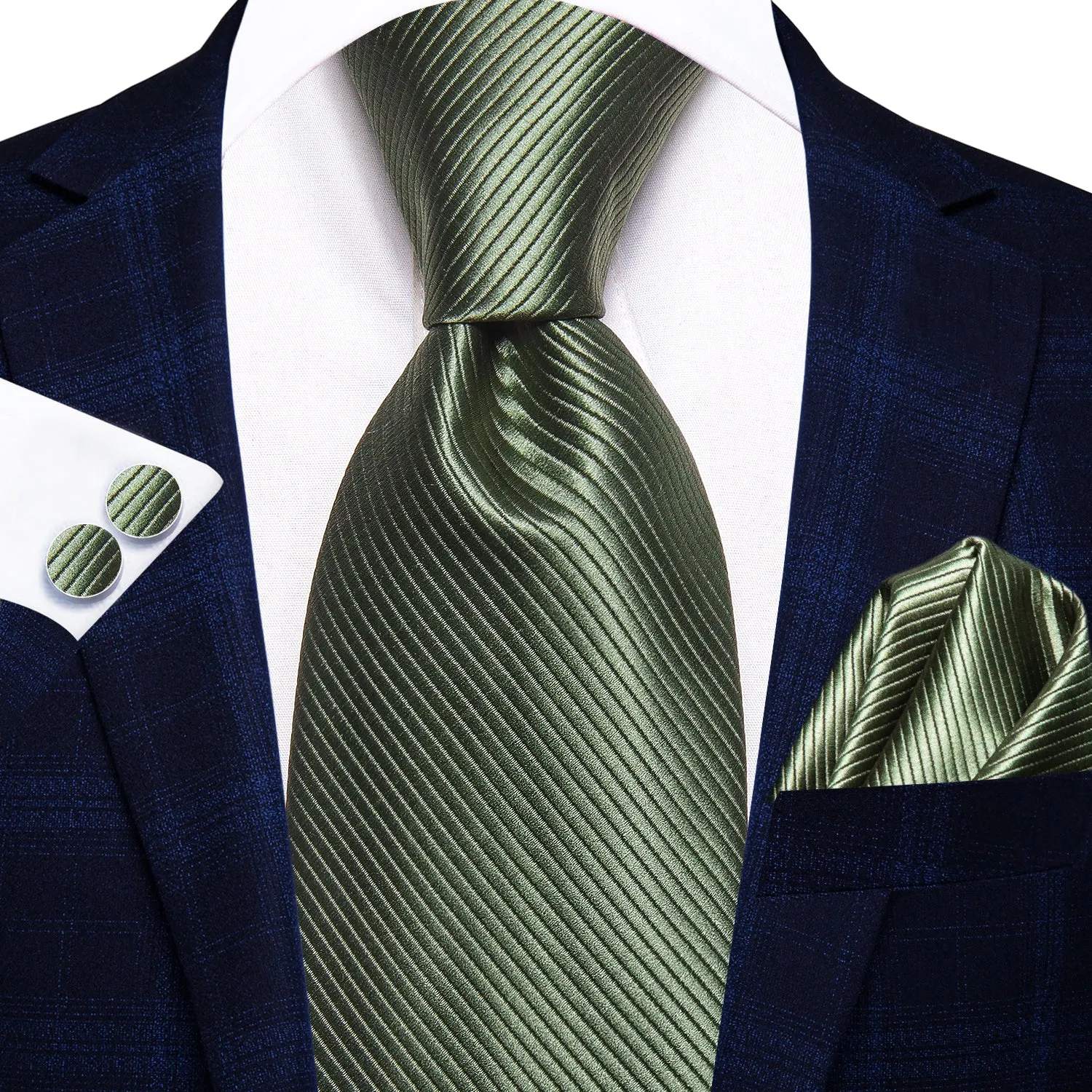 Hi-Tie Sage Green Necktie Solid Silk Tie Pocket Square Cufflinks Set