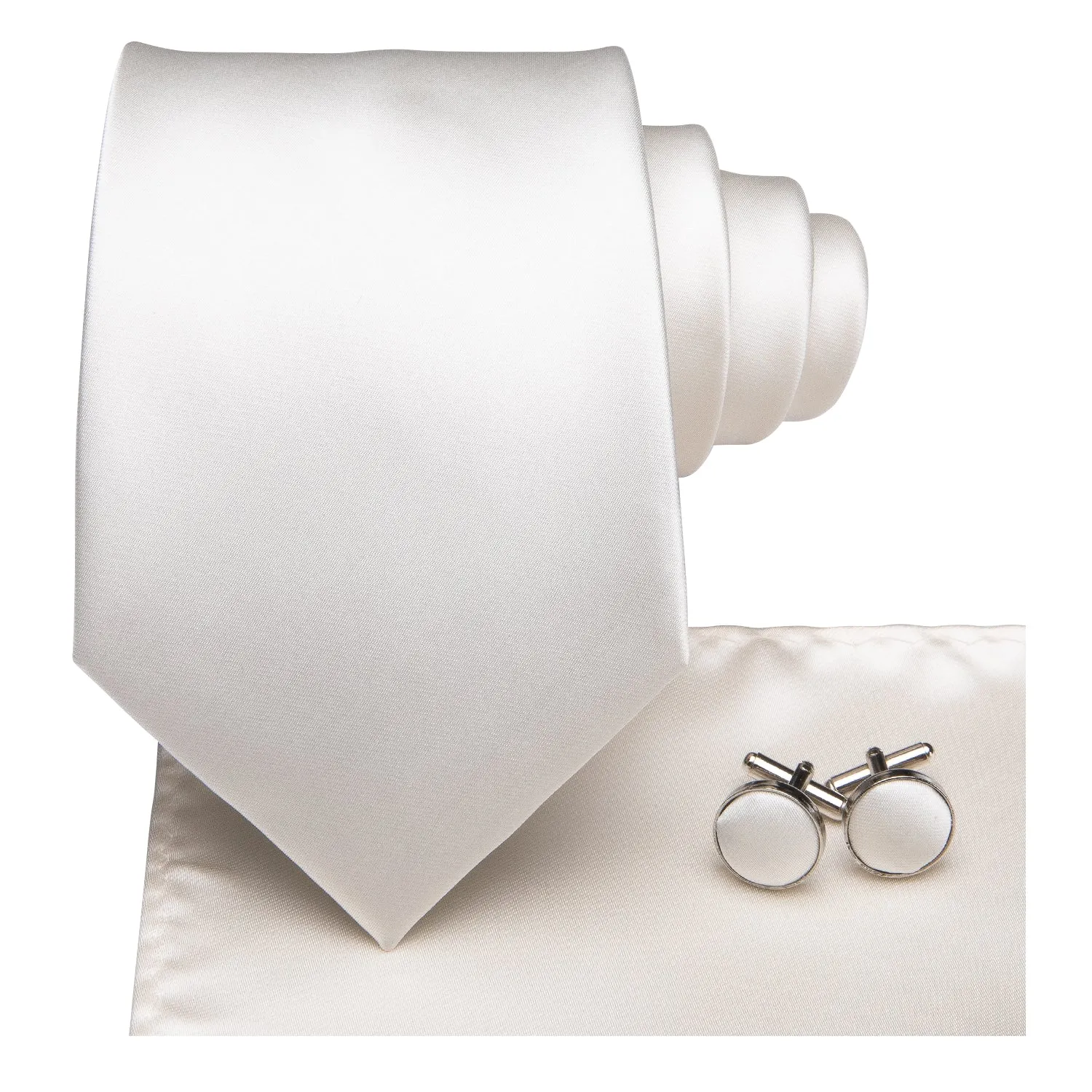 Hi-Tie White Necktie Solid Milky White Tie Pocket Square Cufflinks Set