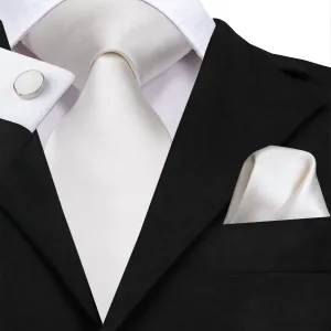 Hi-Tie White Necktie Solid Milky White Tie Pocket Square Cufflinks Set