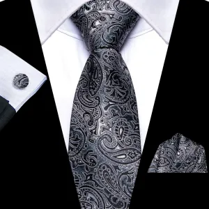 Hi-Tie Zipper Necktie Dark Gray Black Pattern Jacquard Men's Tie Set