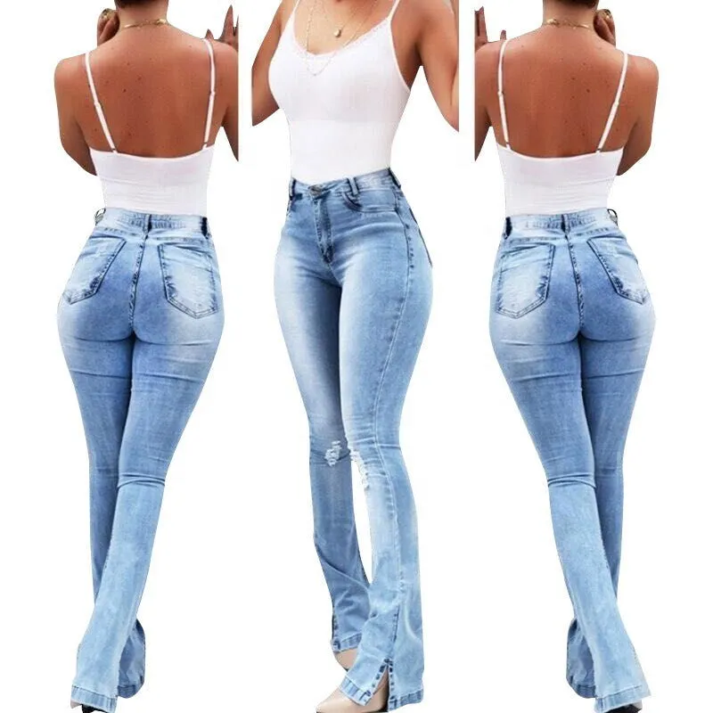 High Waist Flared Bottom Slit Denim Jeans