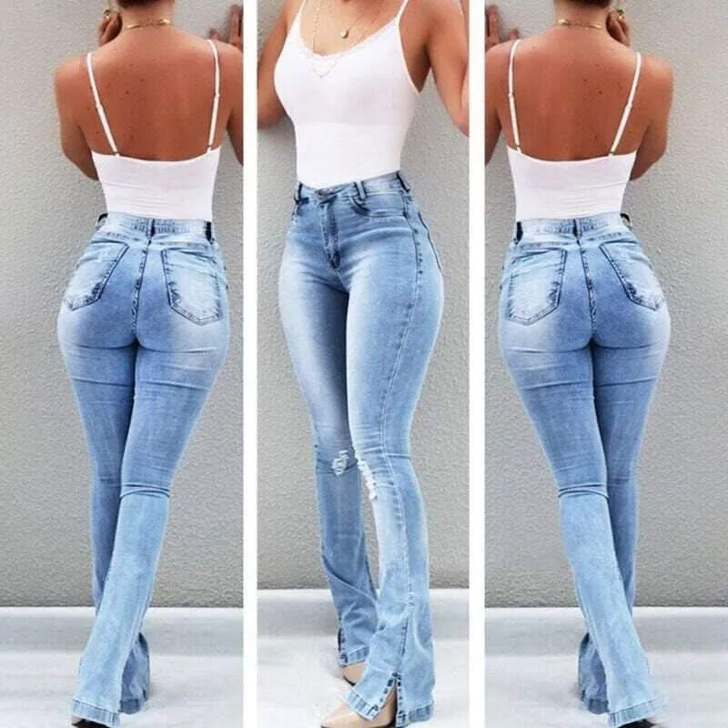 High Waist Flared Bottom Slit Denim Jeans