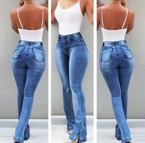 High Waist Flared Bottom Slit Denim Jeans