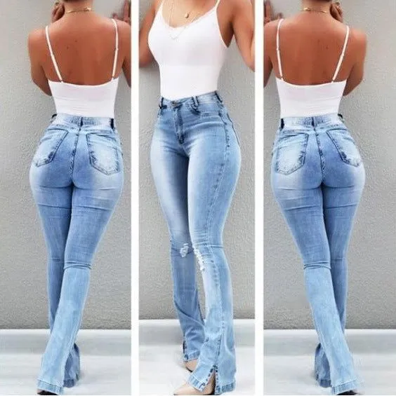 High Waist Flared Bottom Slit Denim Jeans