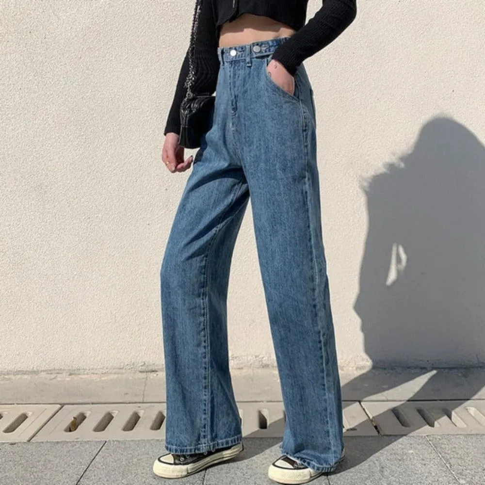 High Waist Wide Leg Denim Street-wear Vintage Straight Jeans