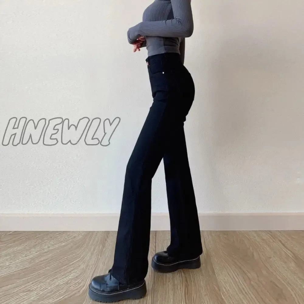 Hnewly Flared Jeans Women Straight Leg Solid Color 2024 Temperament Street Wide Leg Pants Spice Girl High Waist Women's Denim Trousers