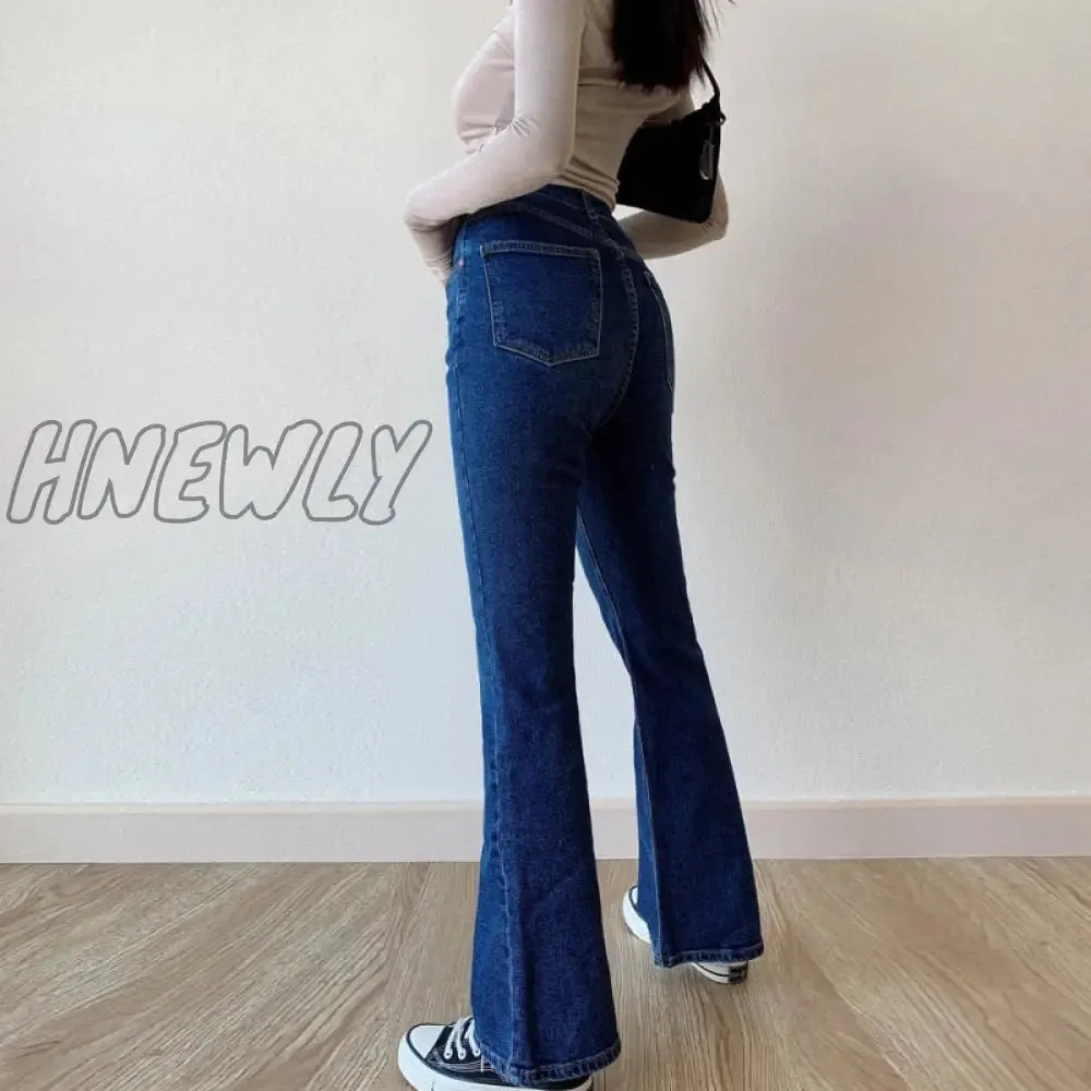 Hnewly Flared Jeans Women Straight Leg Solid Color 2024 Temperament Street Wide Leg Pants Spice Girl High Waist Women's Denim Trousers