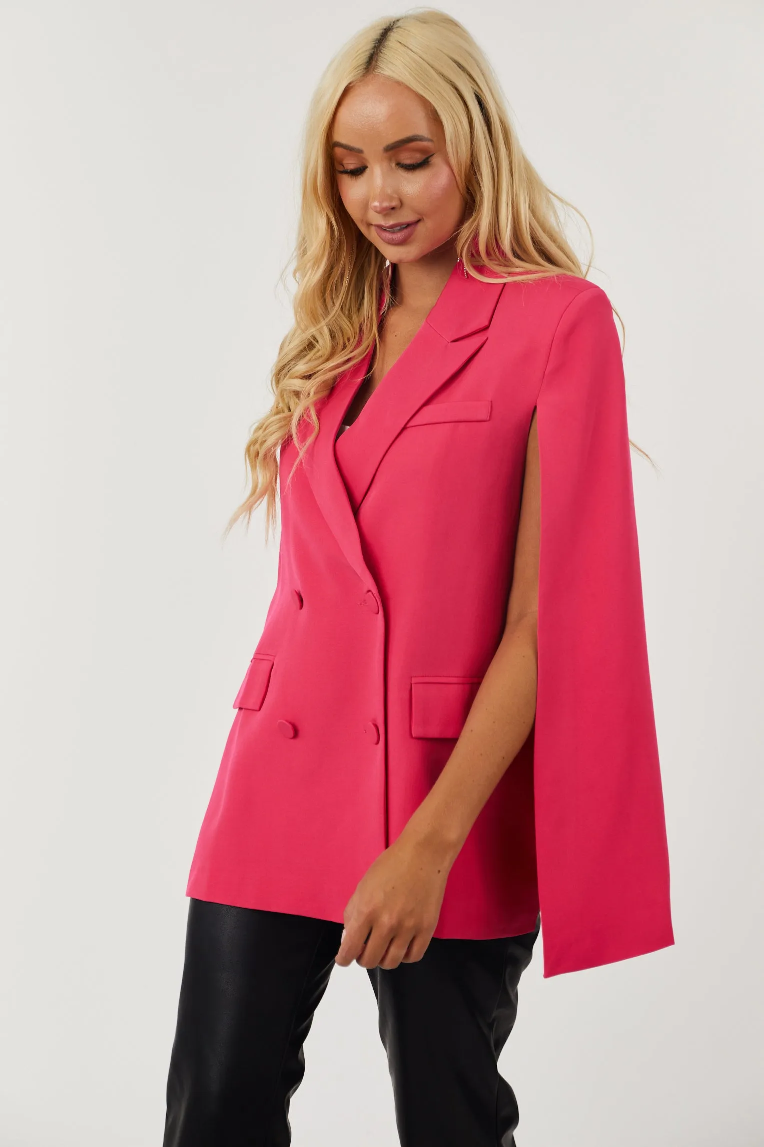 Hot Pink Double Button Cape Blazer