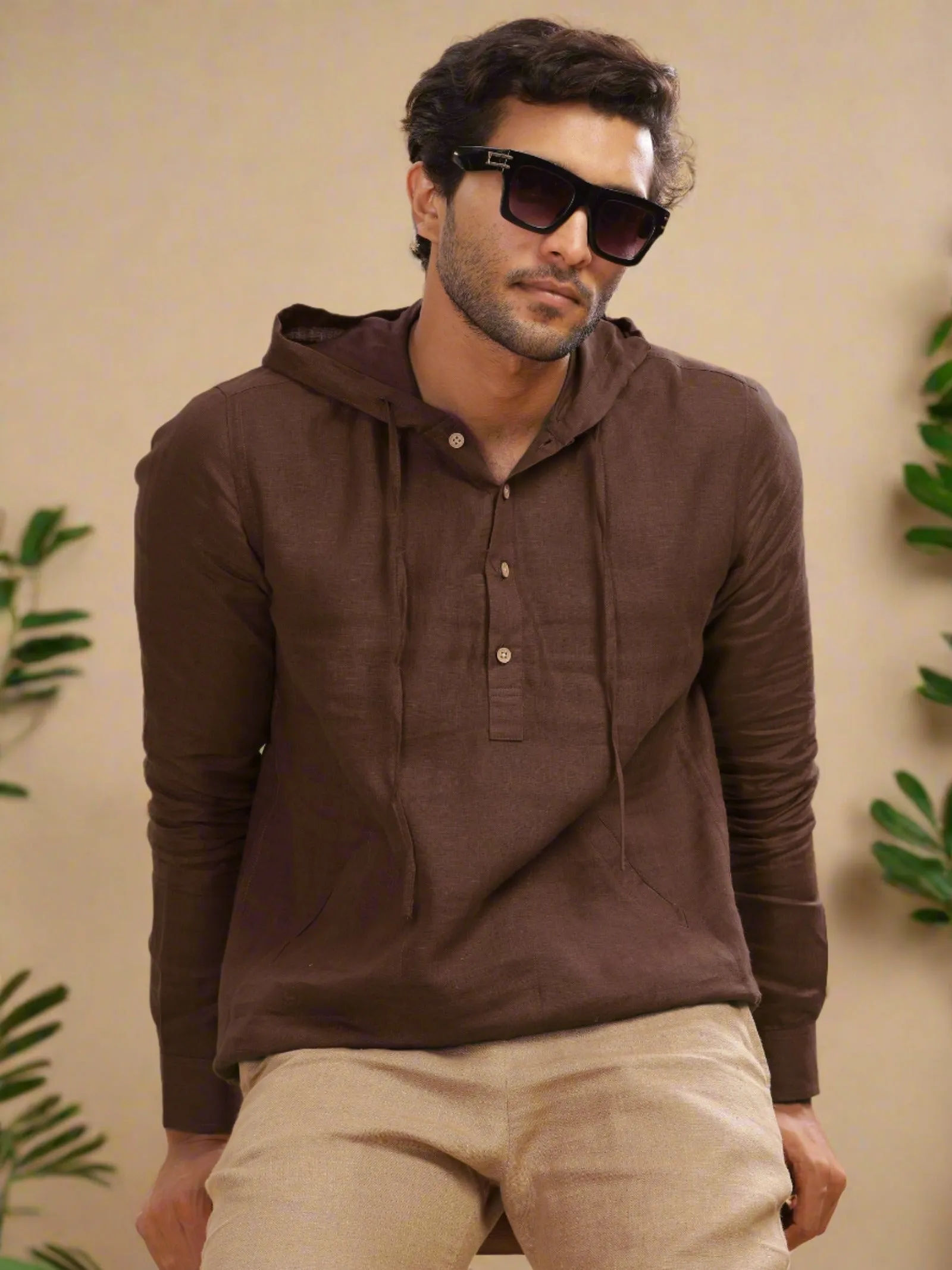 Jayden - Pure Linen Hoodie - Coffee Brown