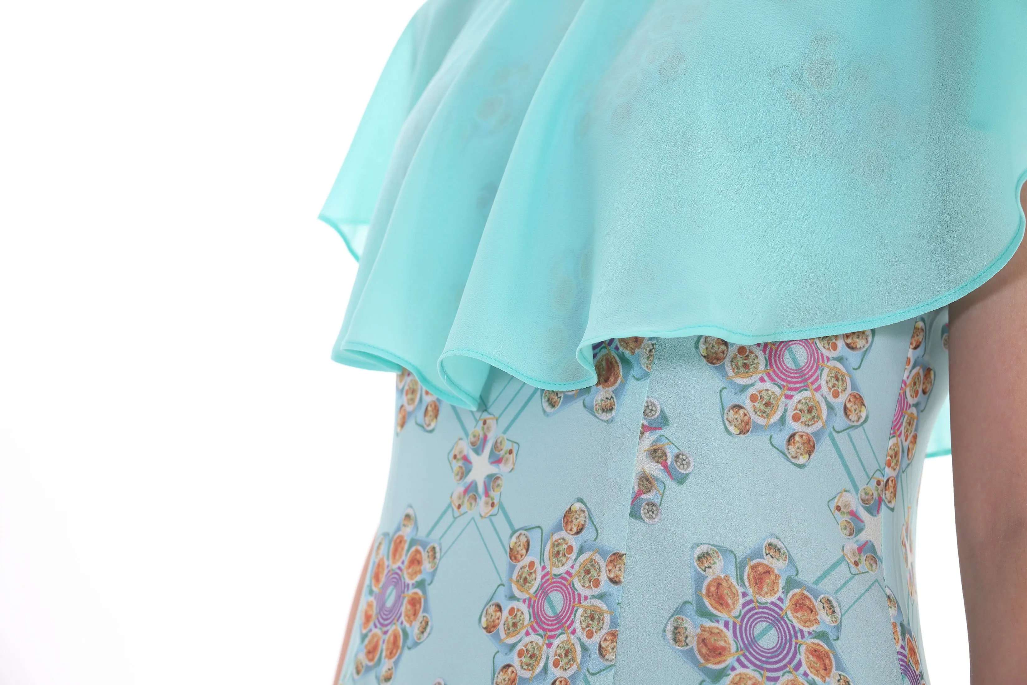 KATE Singapore Cuisine Print Chiffon Cape Dress (Aqua)