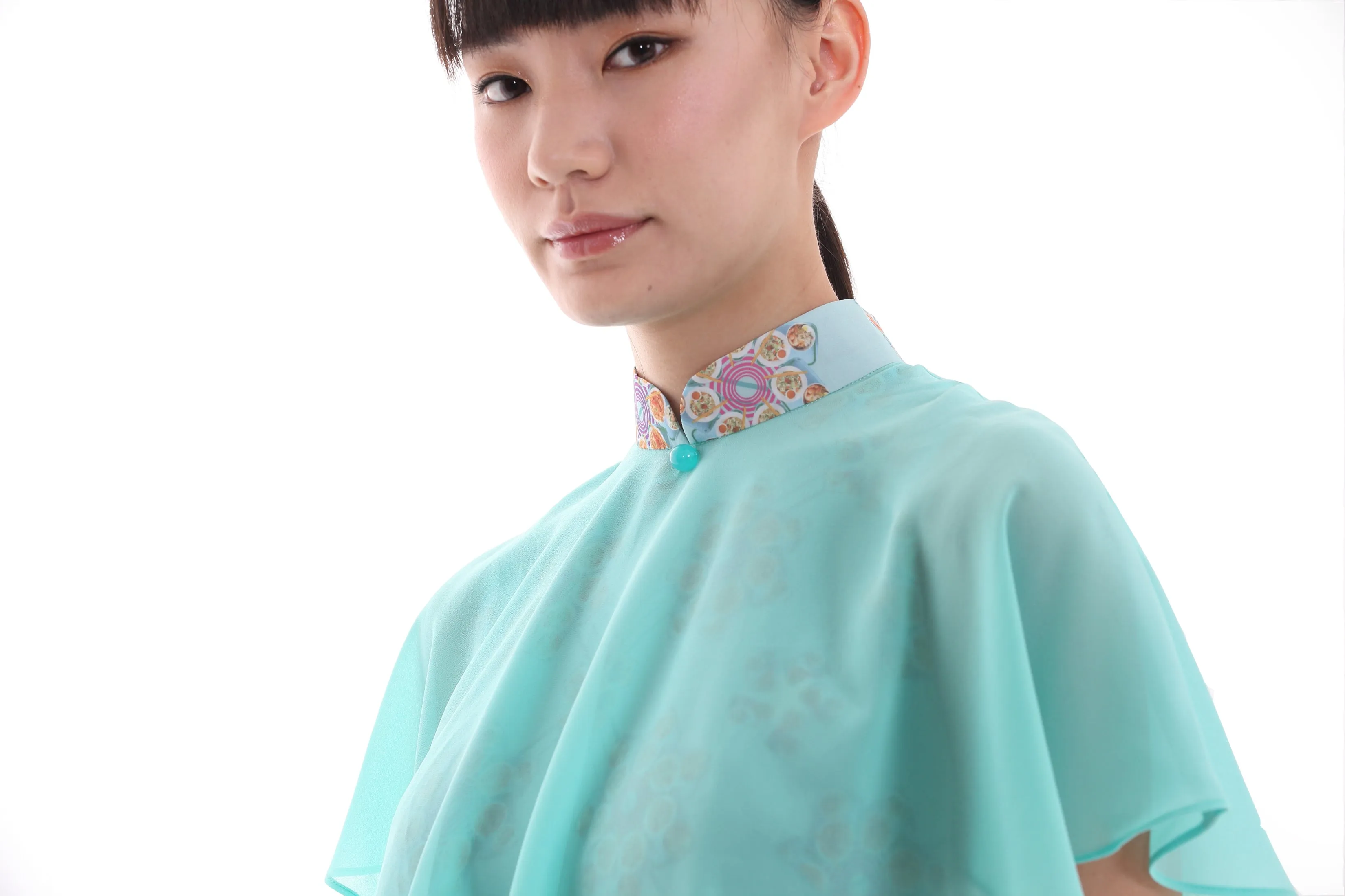 KATE Singapore Cuisine Print Chiffon Cape Dress (Aqua)