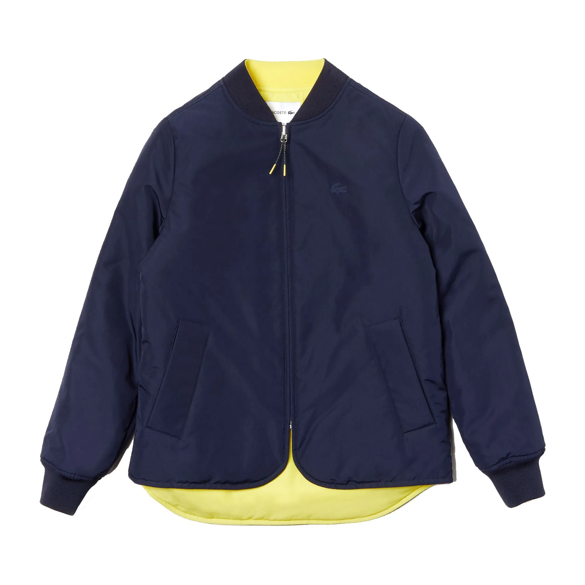 Lacoste Womens BF8346 Seamlessly Quilted Reversible Bi-Material Rain Jacket, Navy Blue/Yellow 4NS