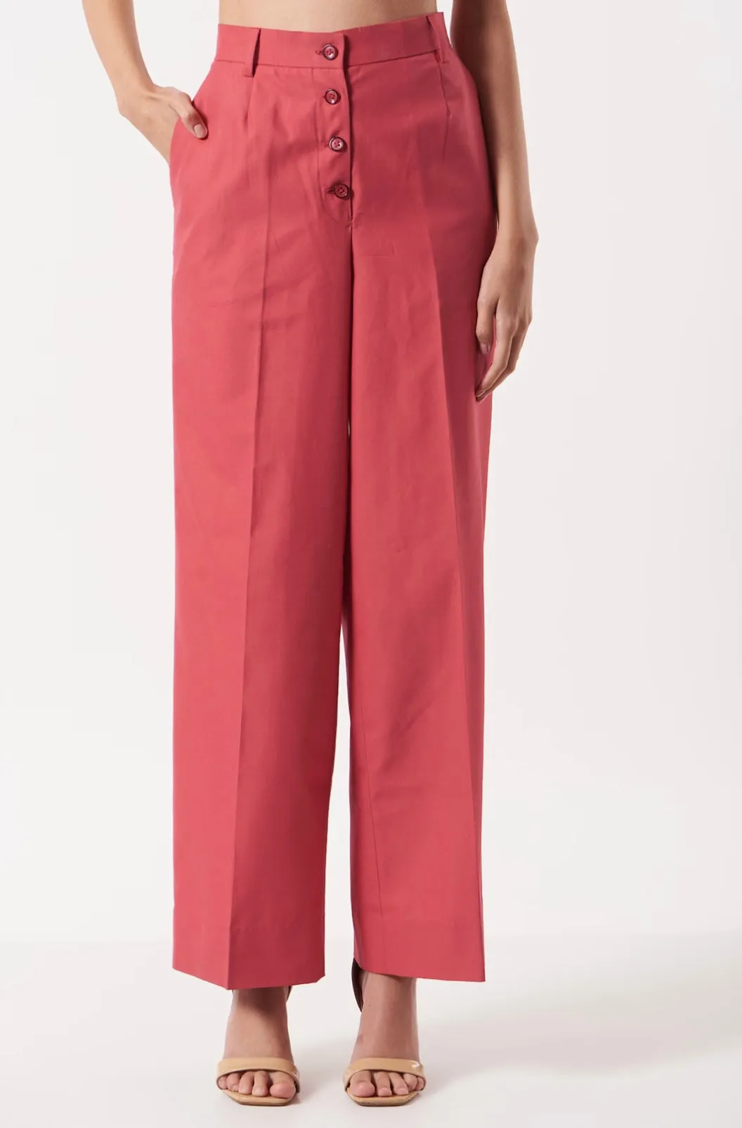 Ladies Red Baggy High Waist Cotton Pants