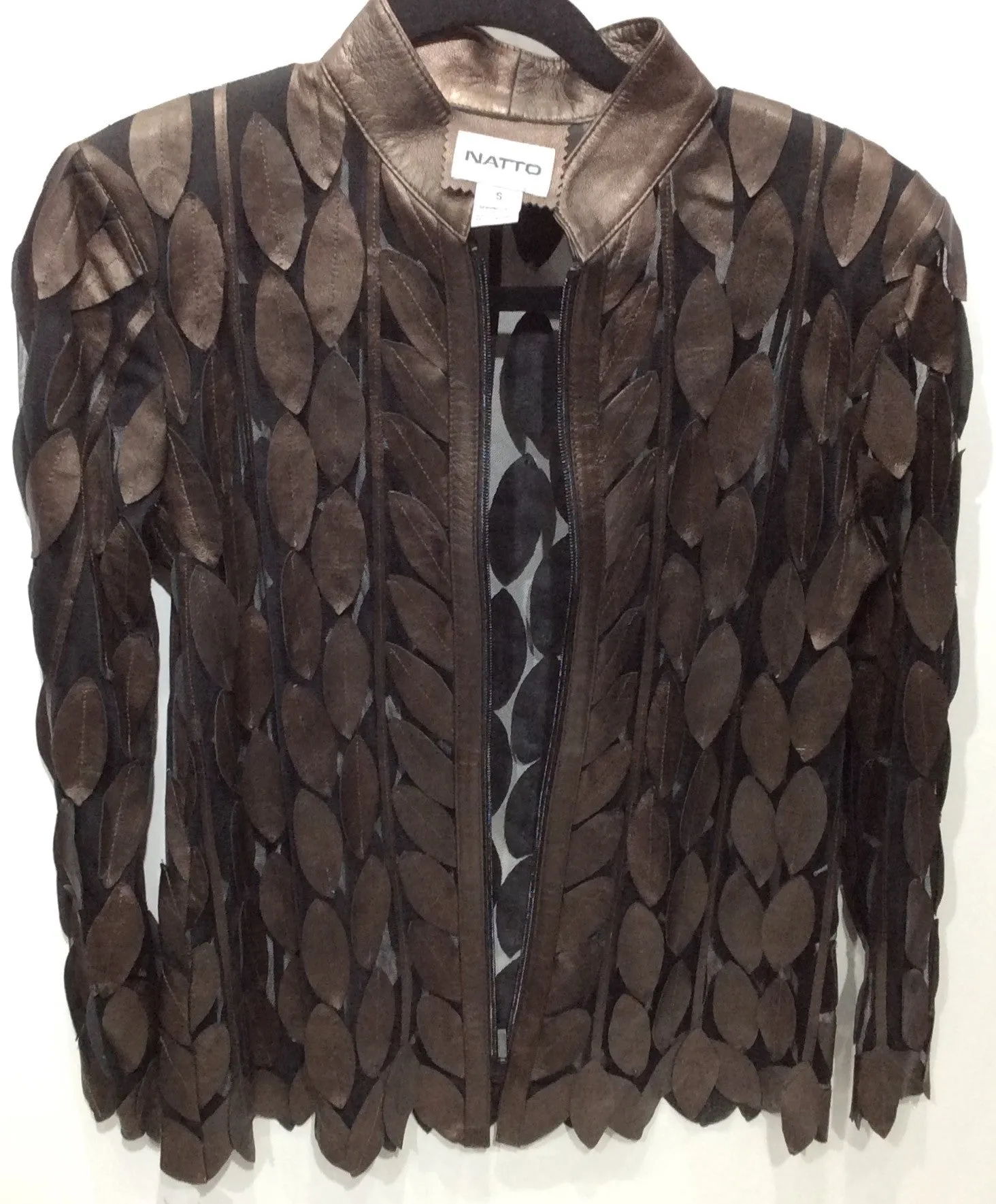 Laser cut lamb skin leather jacket leaf pattern