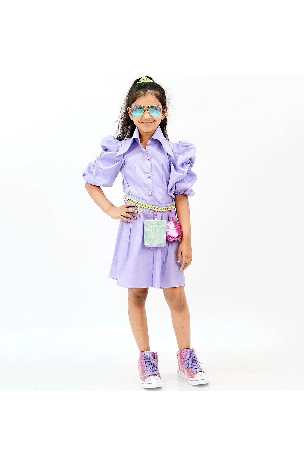 Lavender Balloon Sleeves Shirt Style Dress