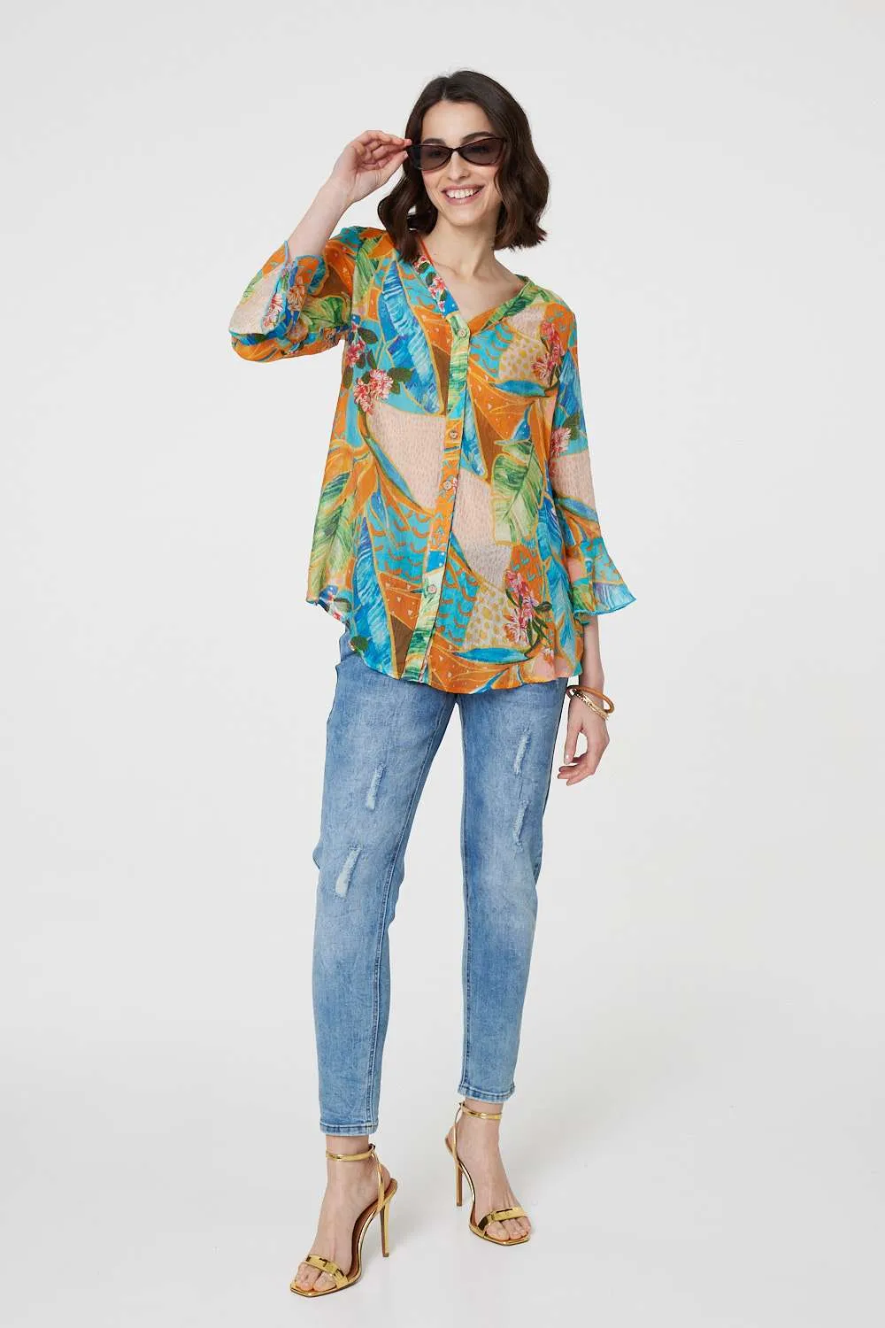 Leaf Print Button Front Blouse