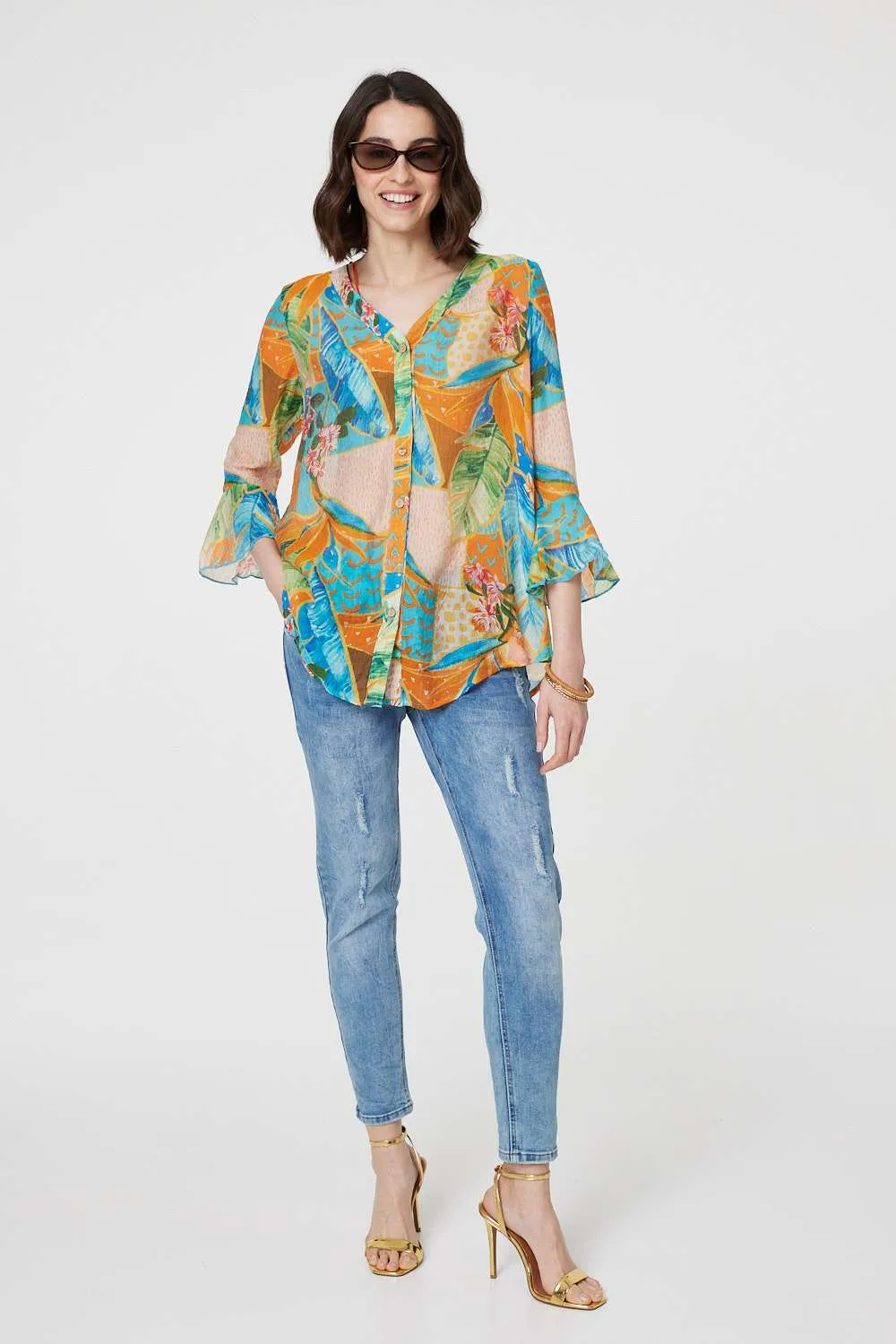 Leaf Print Button Front Blouse