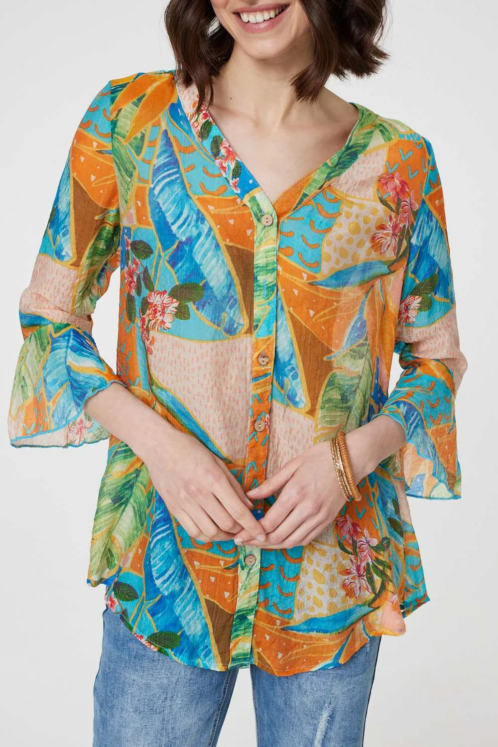 Leaf Print Button Front Blouse