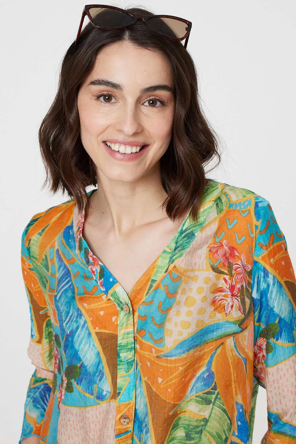 Leaf Print Button Front Blouse